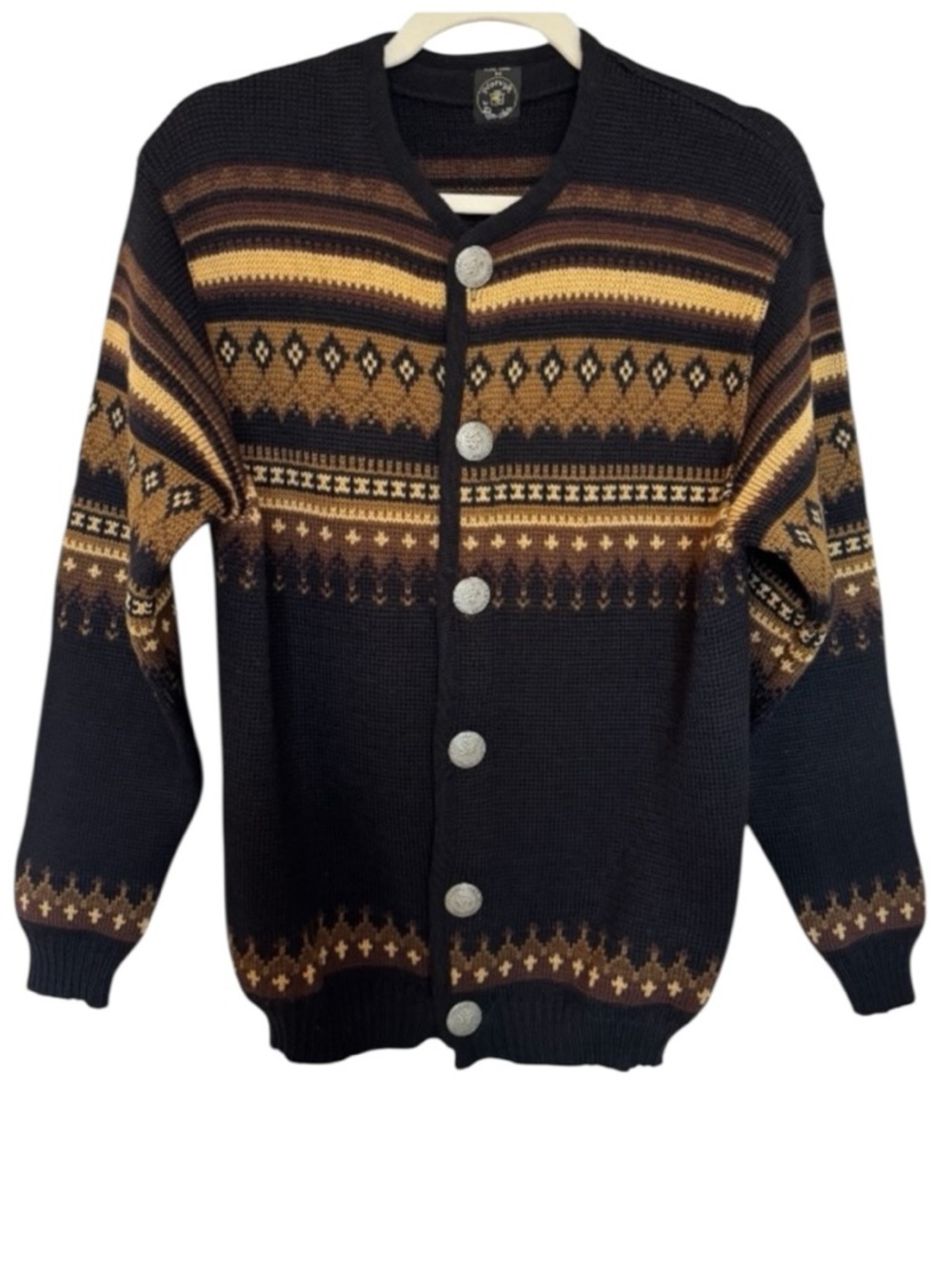 Vintage Wool Cardigan Sweater Black Brown Norvyk by Ren-Dale Apres Ski size M